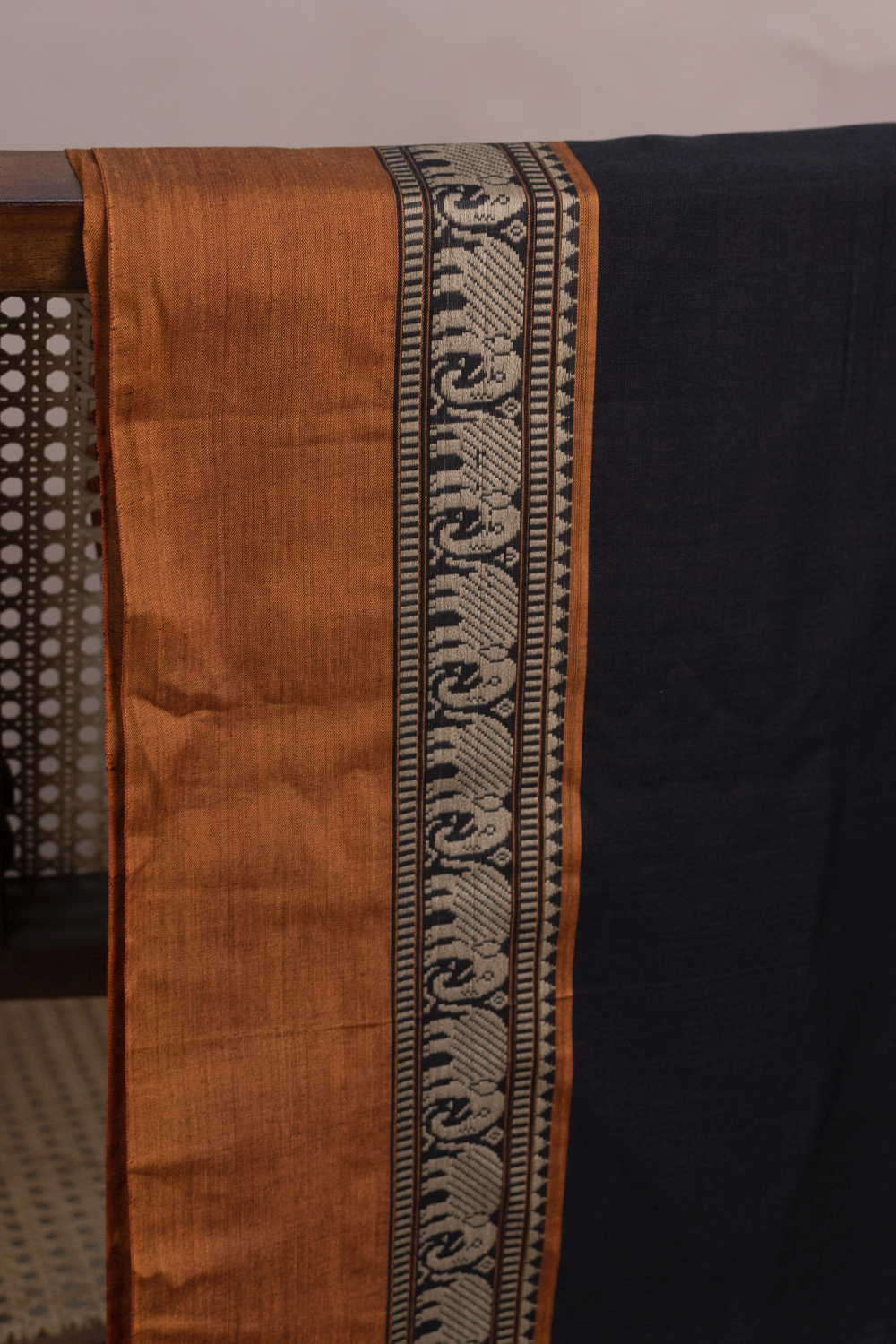 Elephant Border on Black Narayanpet Cotton Fabric - 0.5m