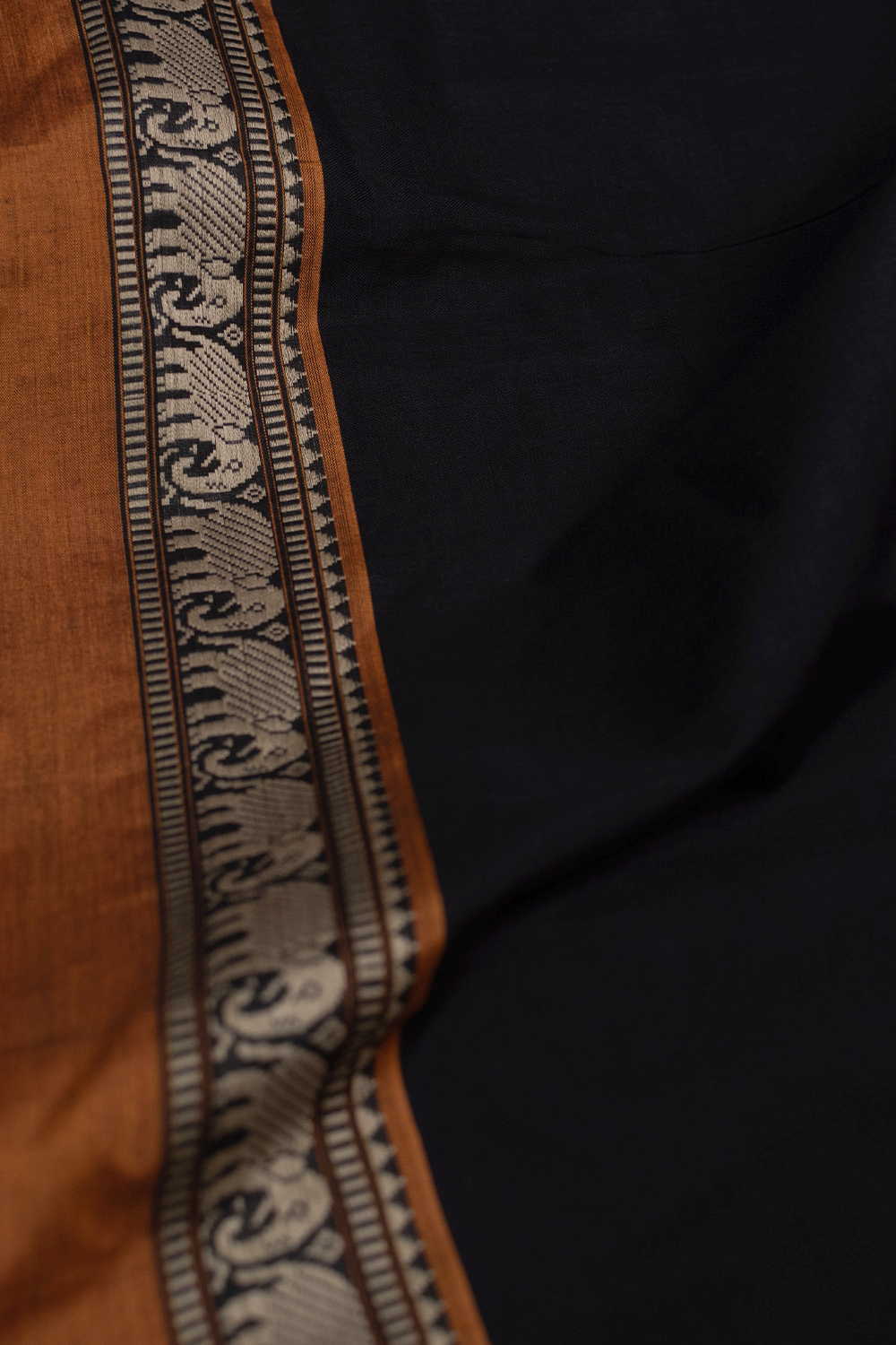 Elephant Border on Black Narayanpet Cotton Fabric - 0.5m