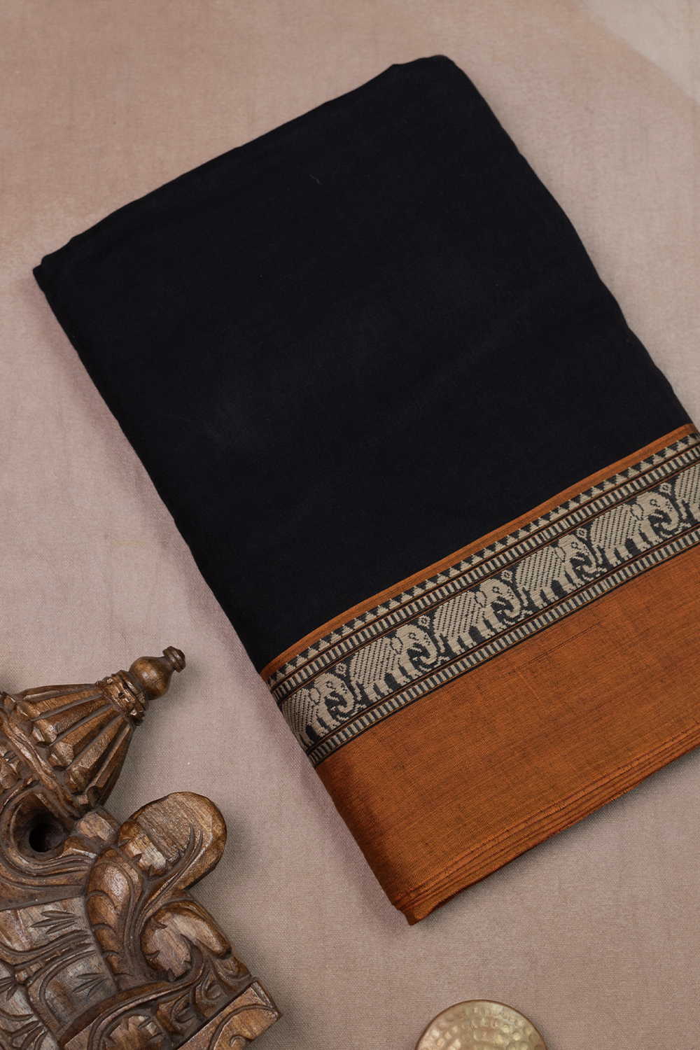 Elephant Border on Black Narayanpet Cotton Fabric - 0.5m