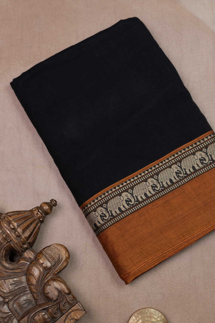 Elephant Border on Black Narayanpet Cotton Fabric - 0.5m