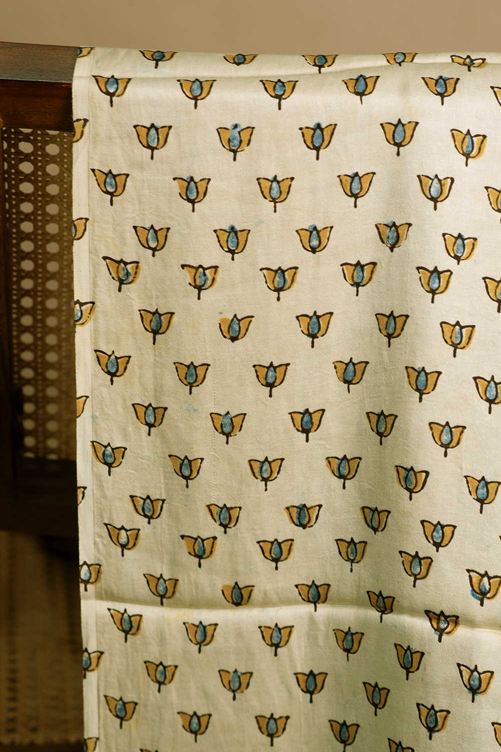 Creamy Yellow Ajrak Modal Silk Fabric