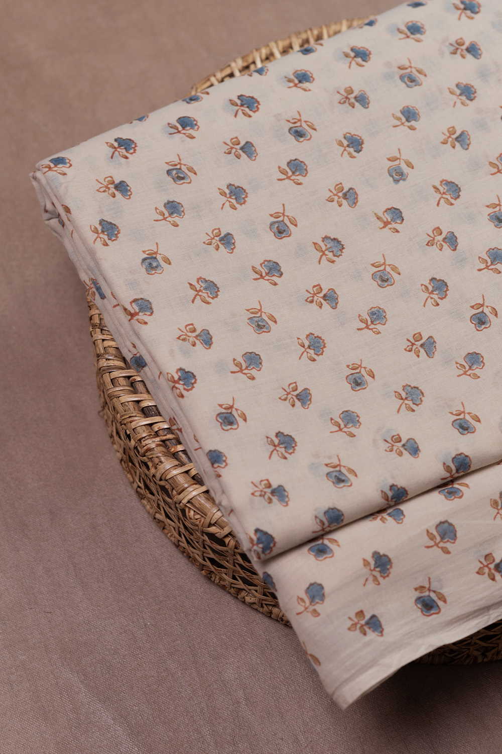 Ivory Floral Ajrak Mul Cotton Fabric - 0.65m
