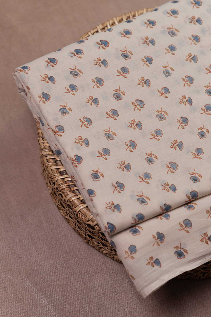 Ivory Floral Ajrak Mul Cotton Fabric - 0.65m