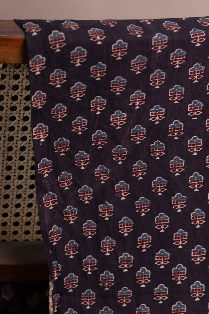 Florals on Black Ajrak Cotton Fabric