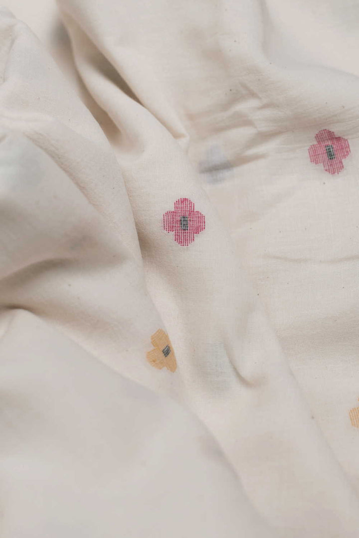 Coloured Butta on Cream Jamdani Cotton Fabric