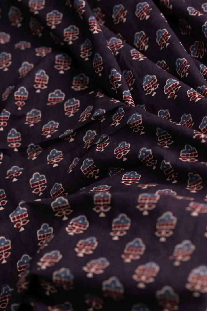 Florals on Black Ajrak Cotton Fabric
