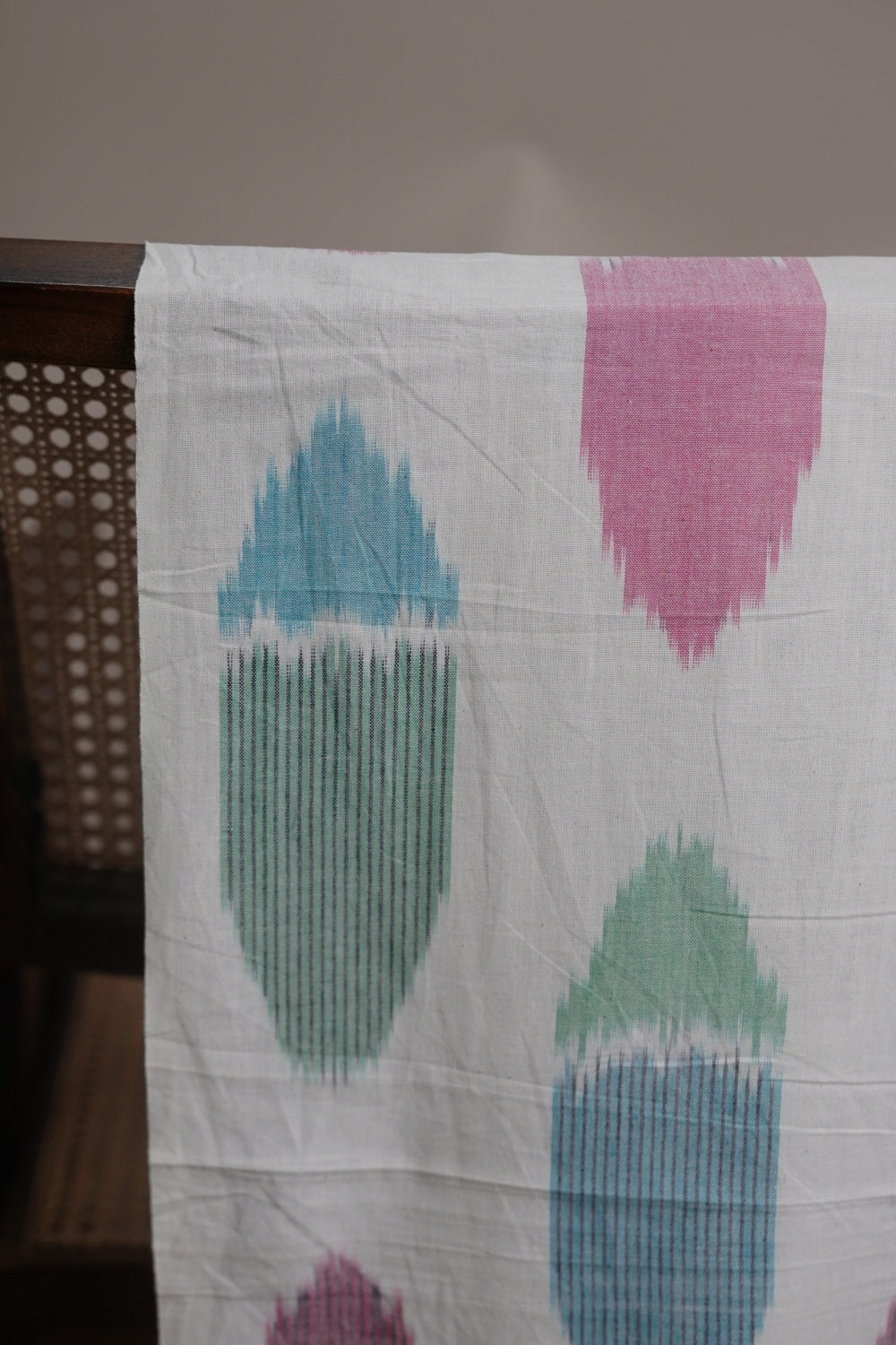 Pink and Blue Butta on Cream Ikat Cotton Fabric - 1m