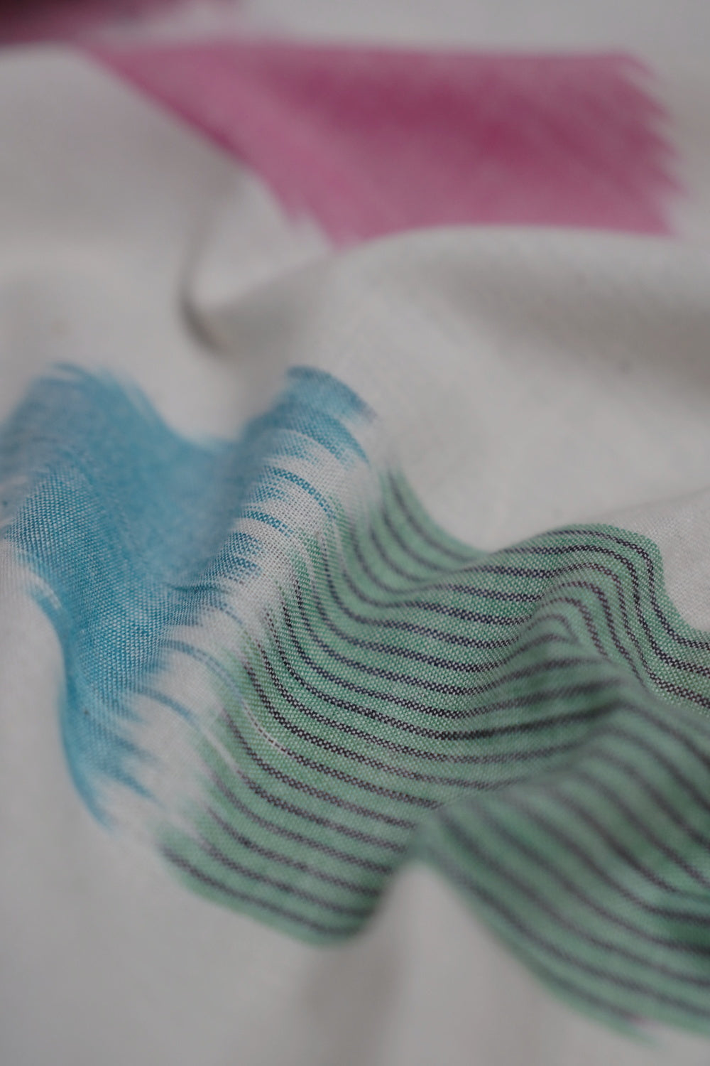 Pink and Blue Butta on Cream Ikat Cotton Fabric - 1m