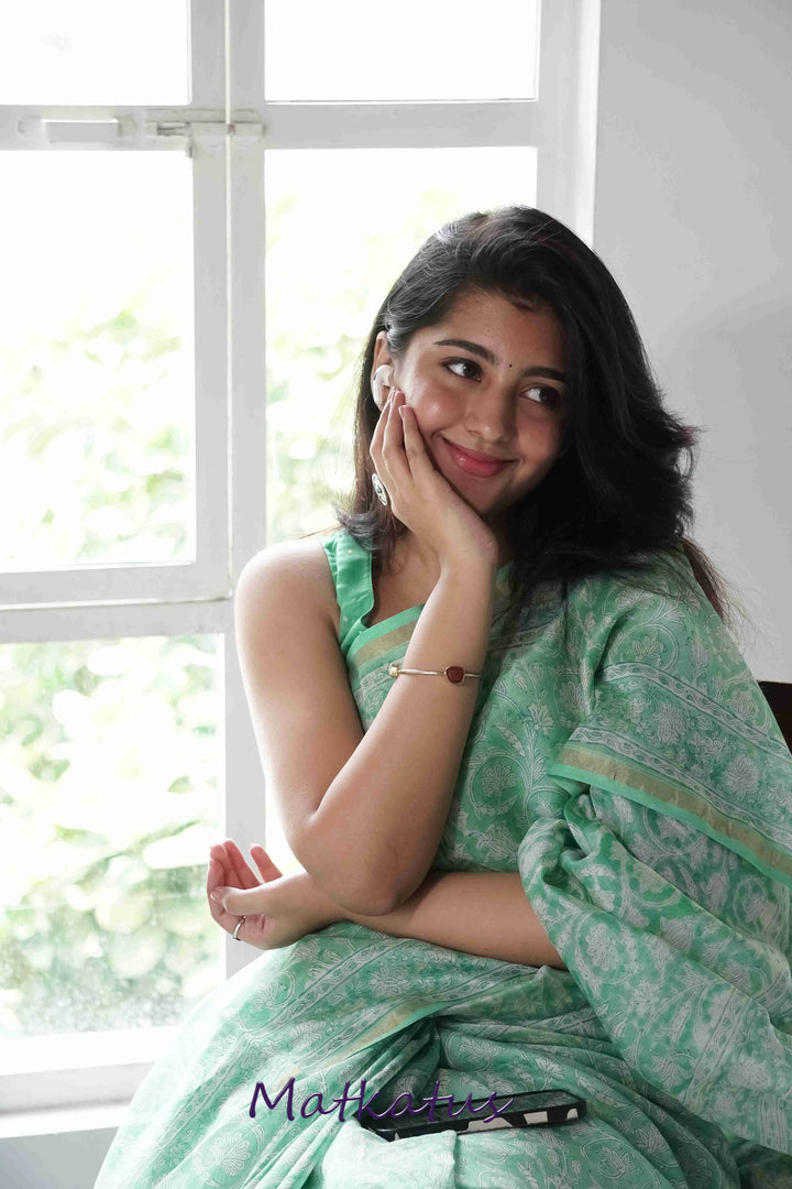 Green Garden Block Printed Chanderi saree