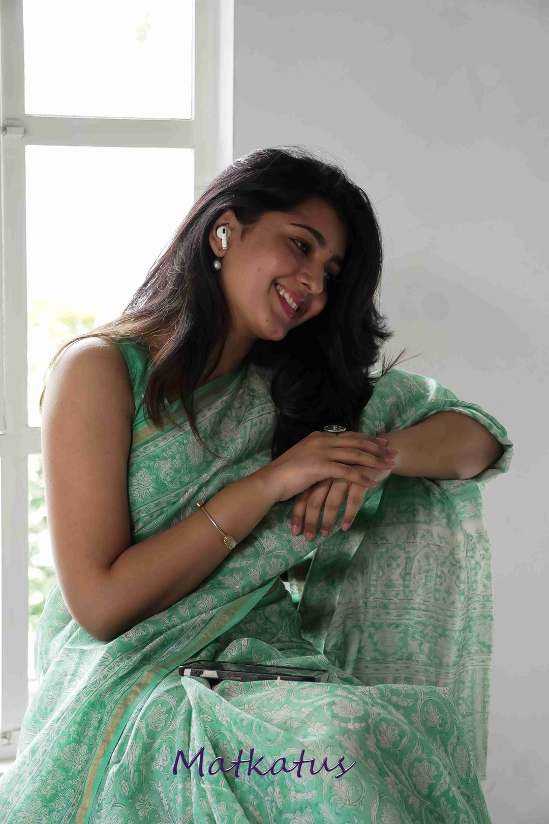 Green Garden Block Printed Chanderi saree