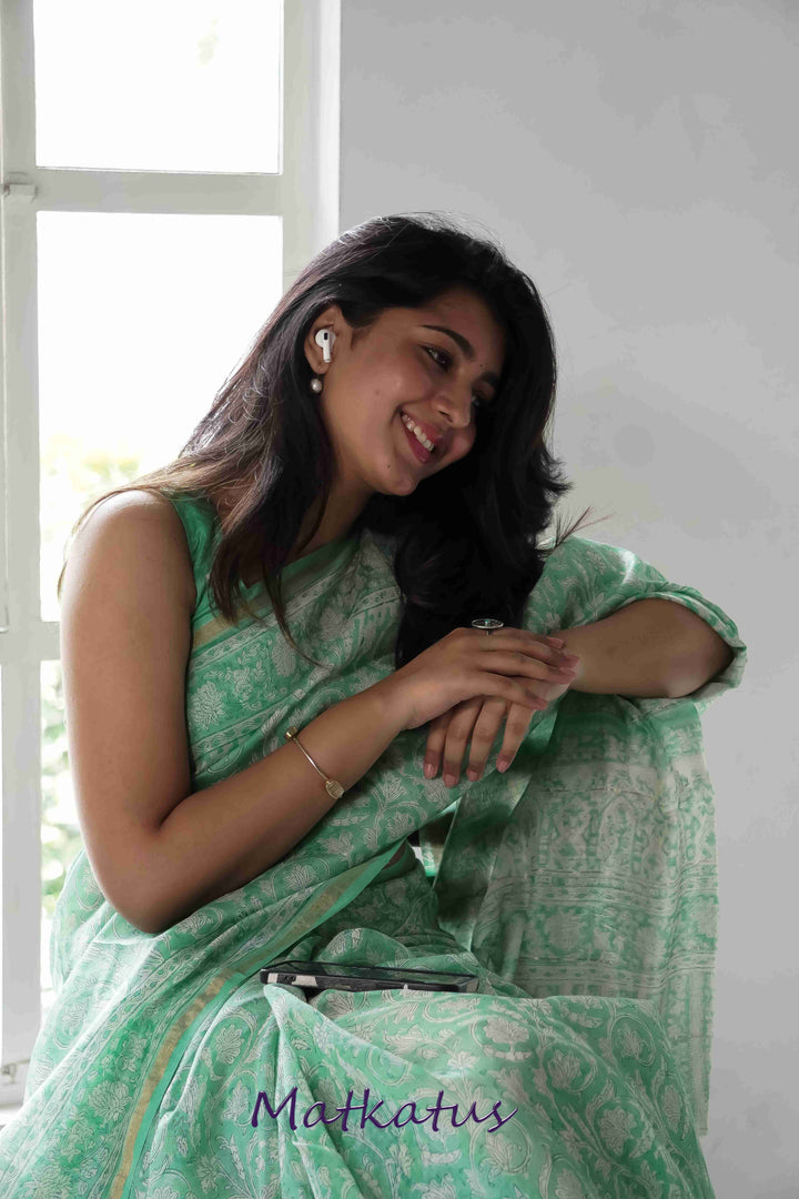 Green Garden Block Printed Chanderi saree