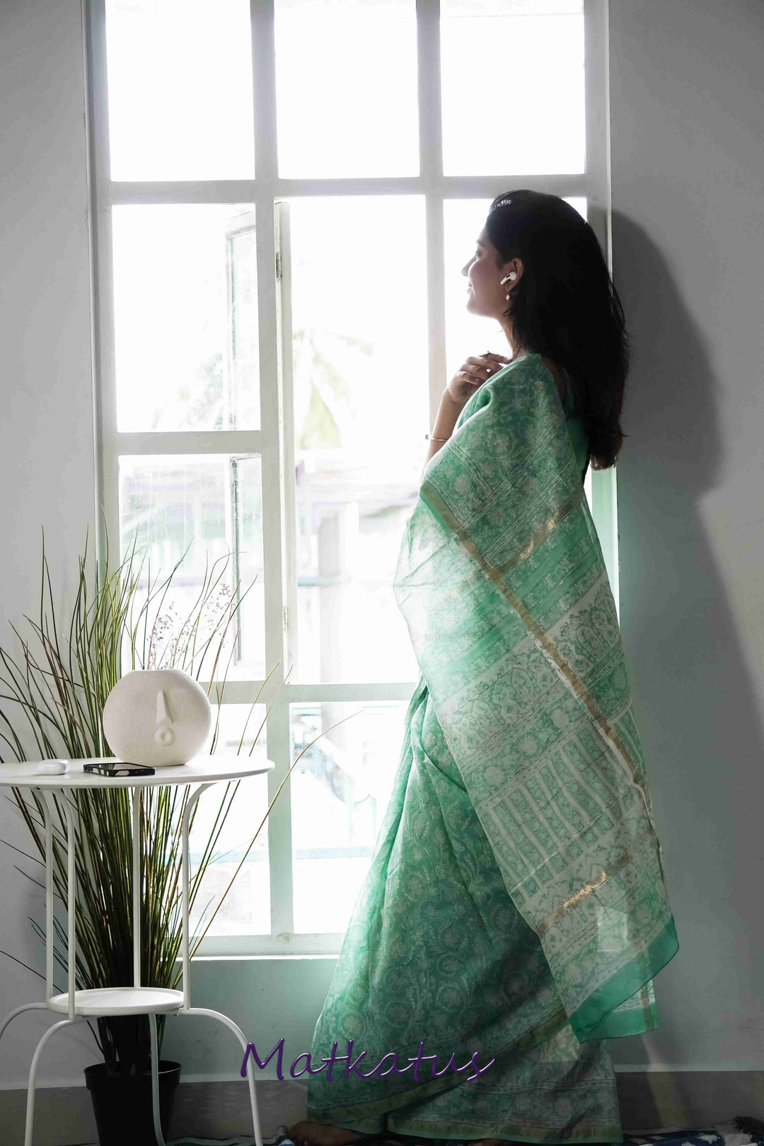 Green Garden Block Printed Chanderi saree