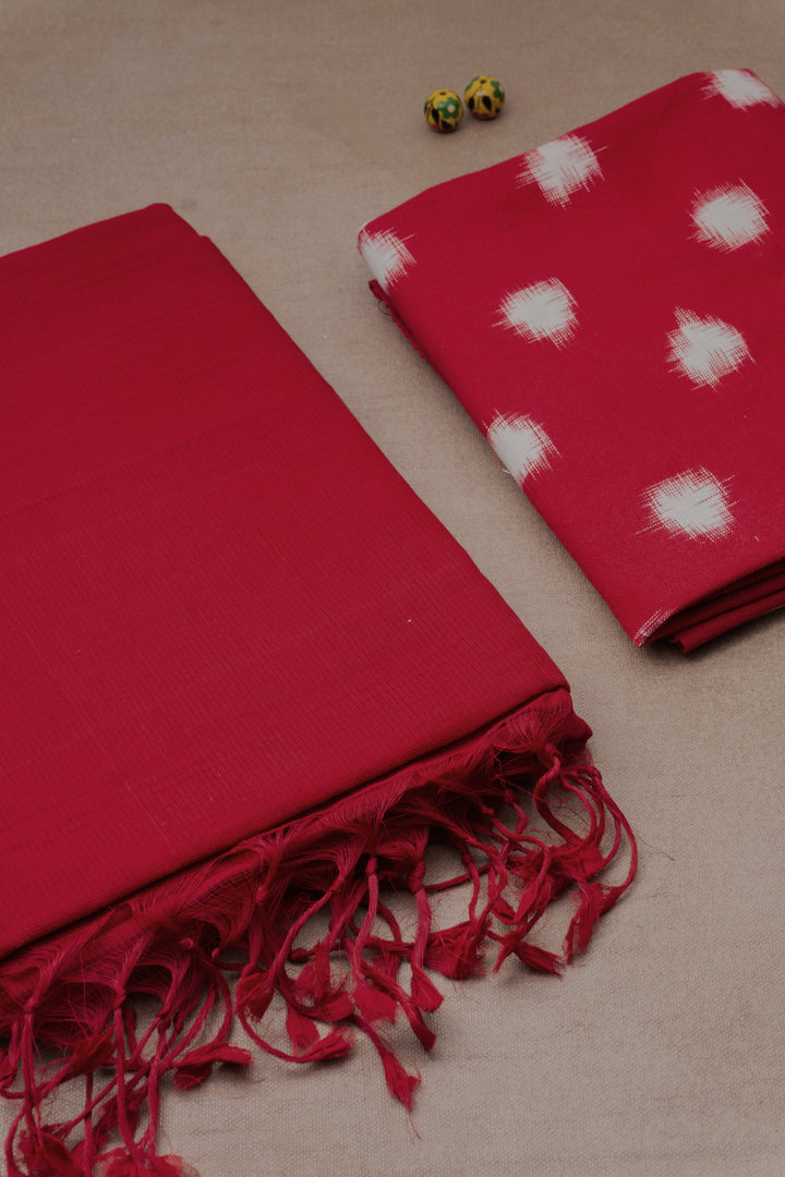 Deep Red Mangalagiri Cotton saree with Ikat Blouse