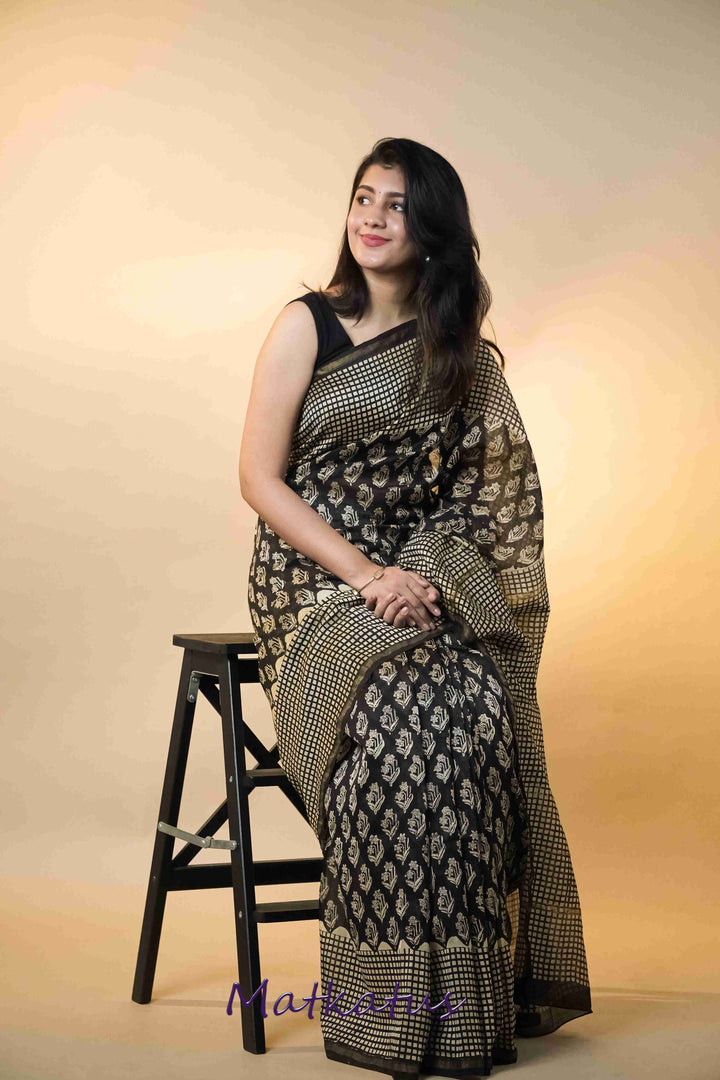 Motifs on Black Block Printed Chanderi saree