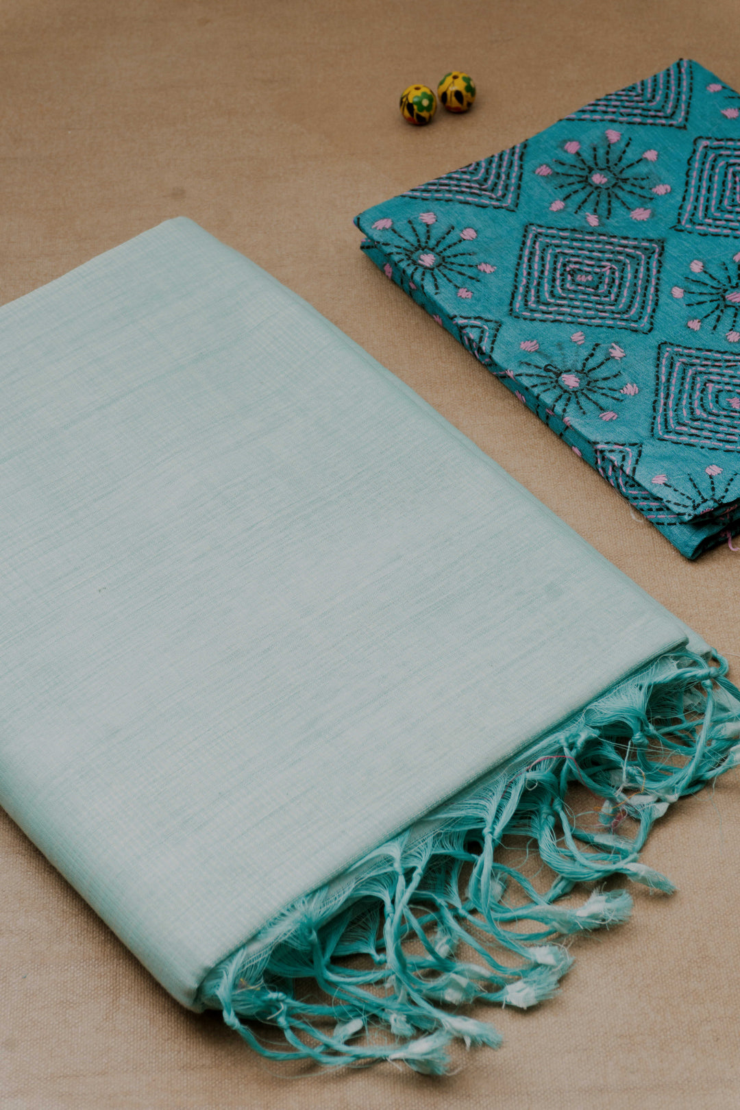 Green Mangalagiri Cotton saree with Kantha Blouse