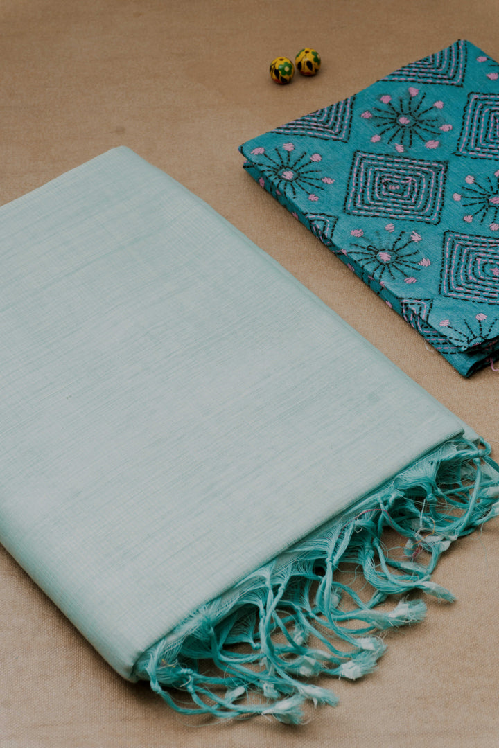 Green Mangalagiri Cotton saree with Kantha Blouse