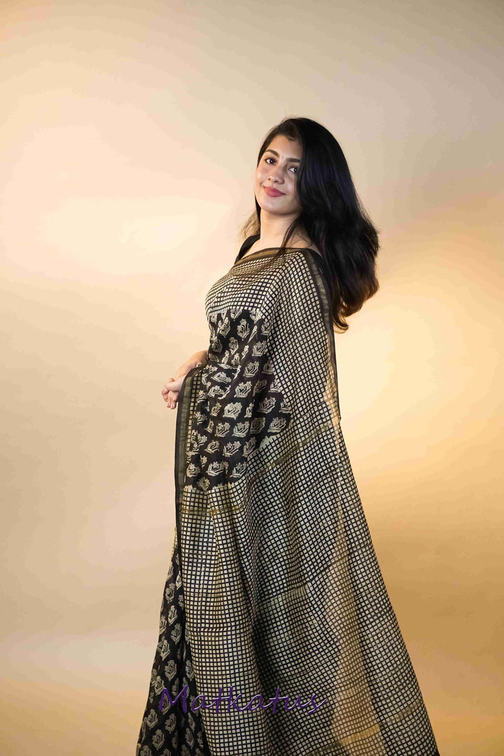 Motifs on Black Block Printed Chanderi saree