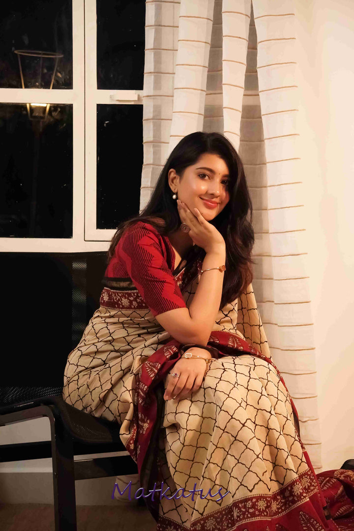 Cream with Maroon Block Printed Chanderi saree