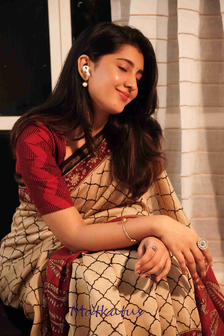 Cream with Maroon Block Printed Chanderi saree