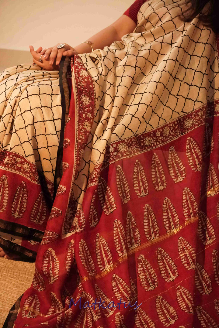 Cream with Maroon Block Printed Chanderi saree