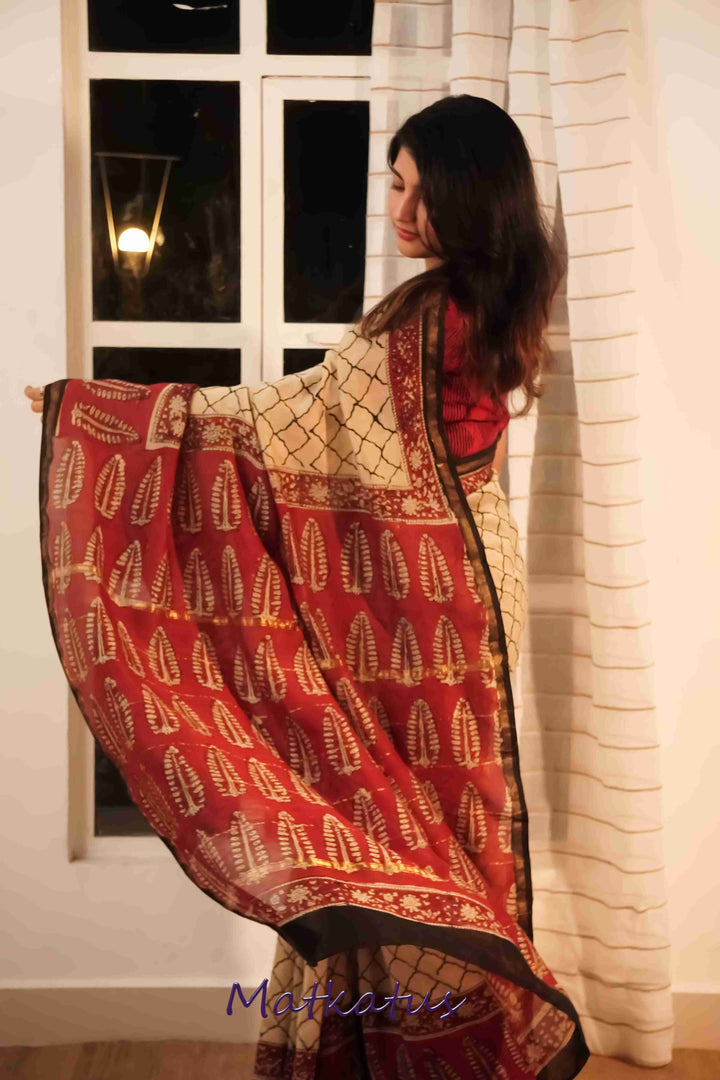 Cream with Maroon Block Printed Chanderi saree