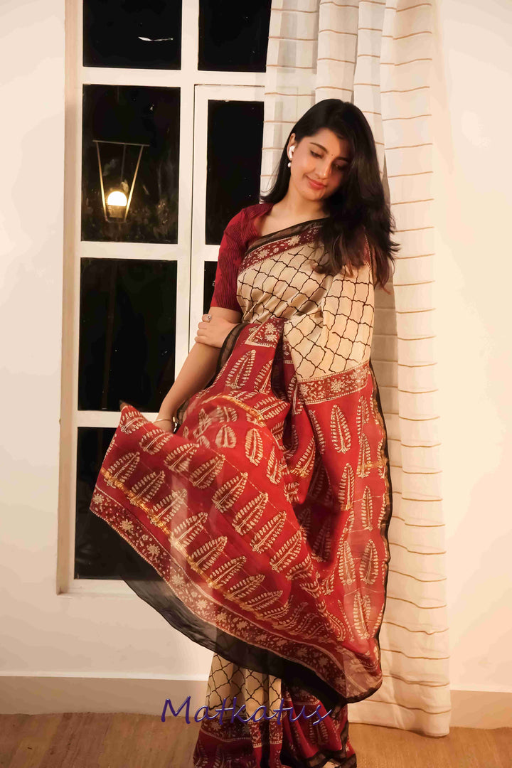 Cream with Maroon Block Printed Chanderi saree