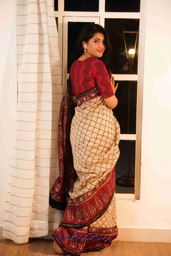 Cream with Maroon Block Printed Chanderi saree
