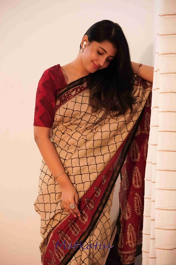 Cream with Maroon Block Printed Chanderi saree