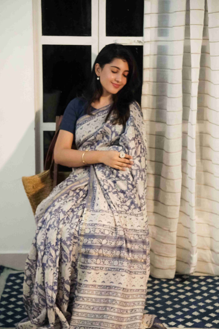 Block Printed Chanderi Saree-Matkatus 