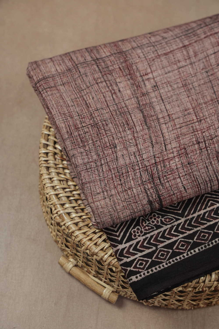 Beige with Black Border Ajrak Cotton Fabric - 0.55m