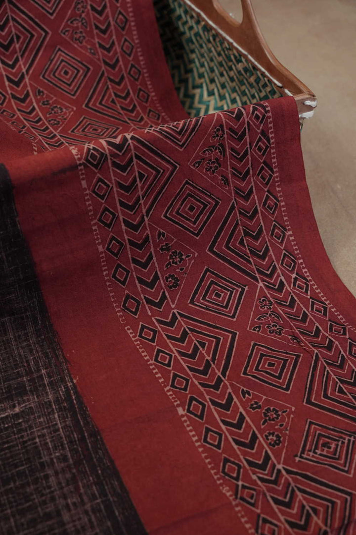 Black with Maroon Border Ajrak Cotton Fabric - 0.5m