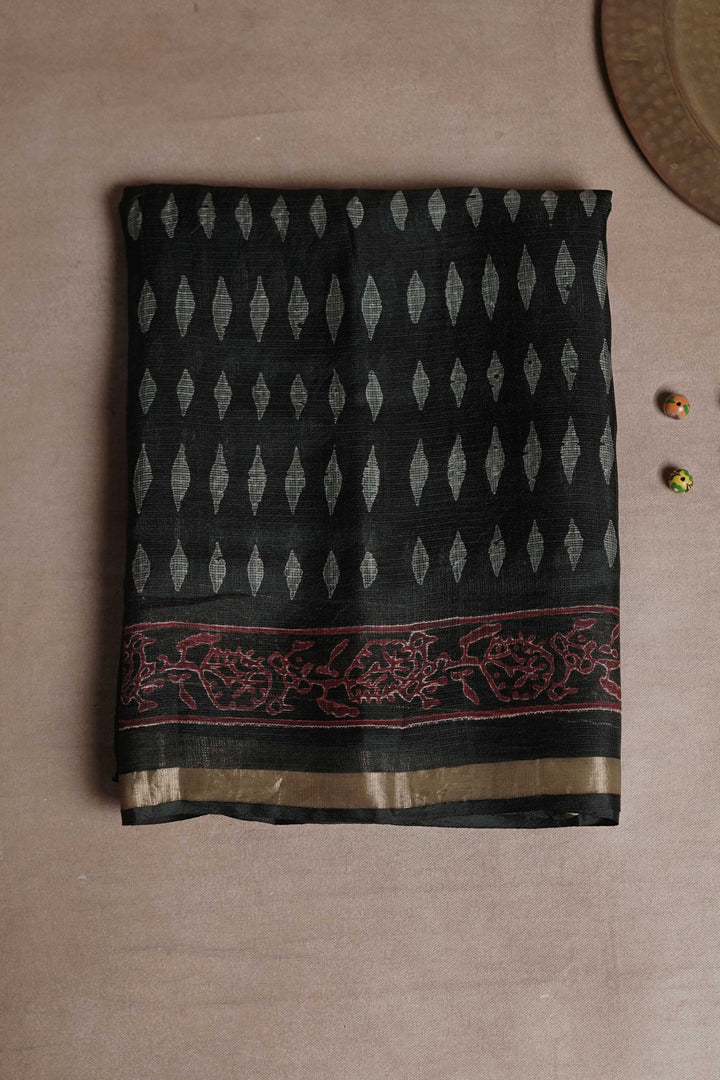 Grey Pattern on Black Block Printed Kota Silk saree