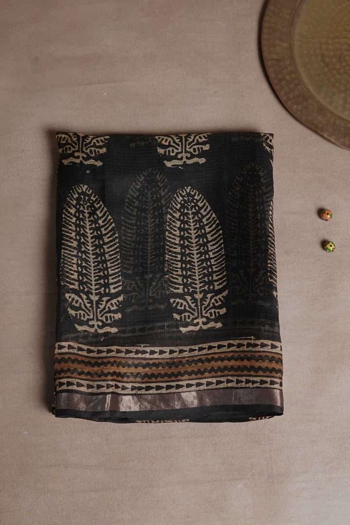 Big Butta on Black Block Printed Kota Silk saree