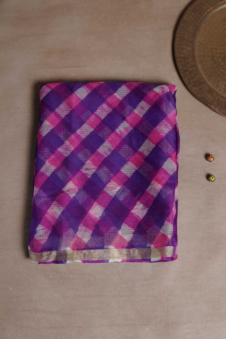 Pink & Blue Checks Leheriya Kota Silk Saree