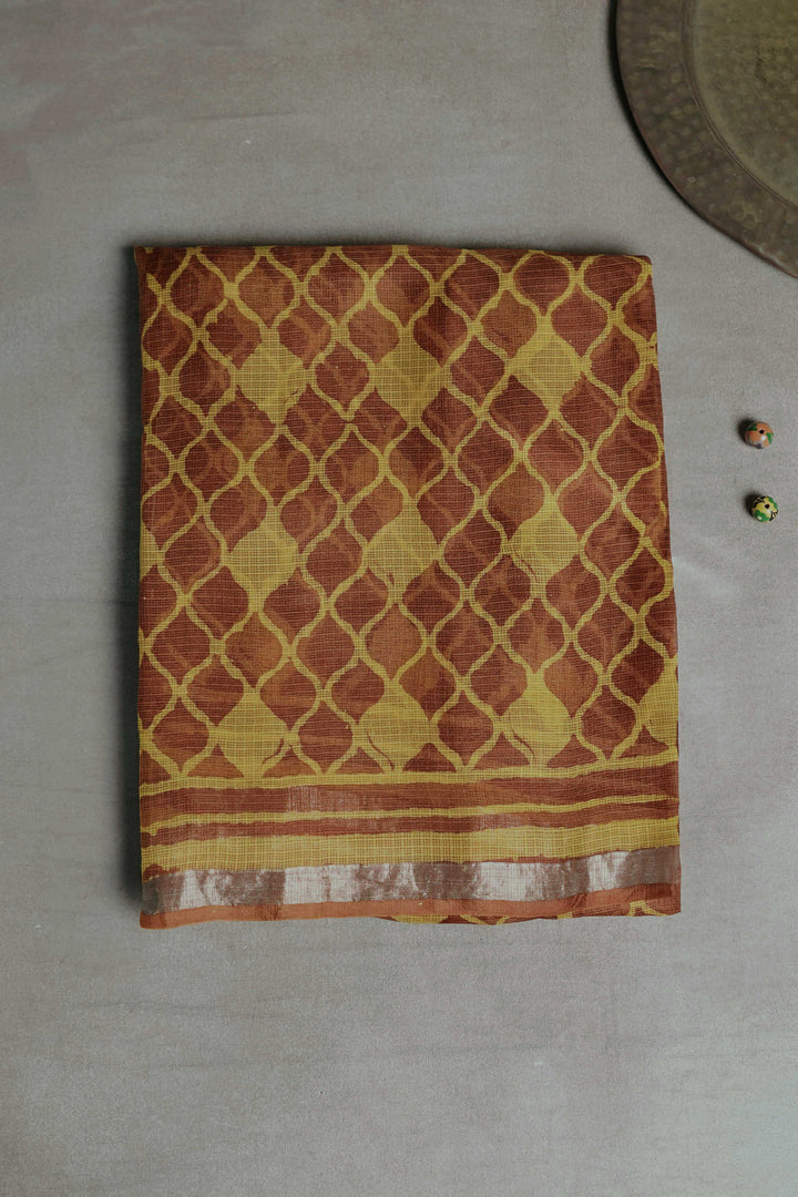 Yellow & Orange Block Printed Kota Silk Saree