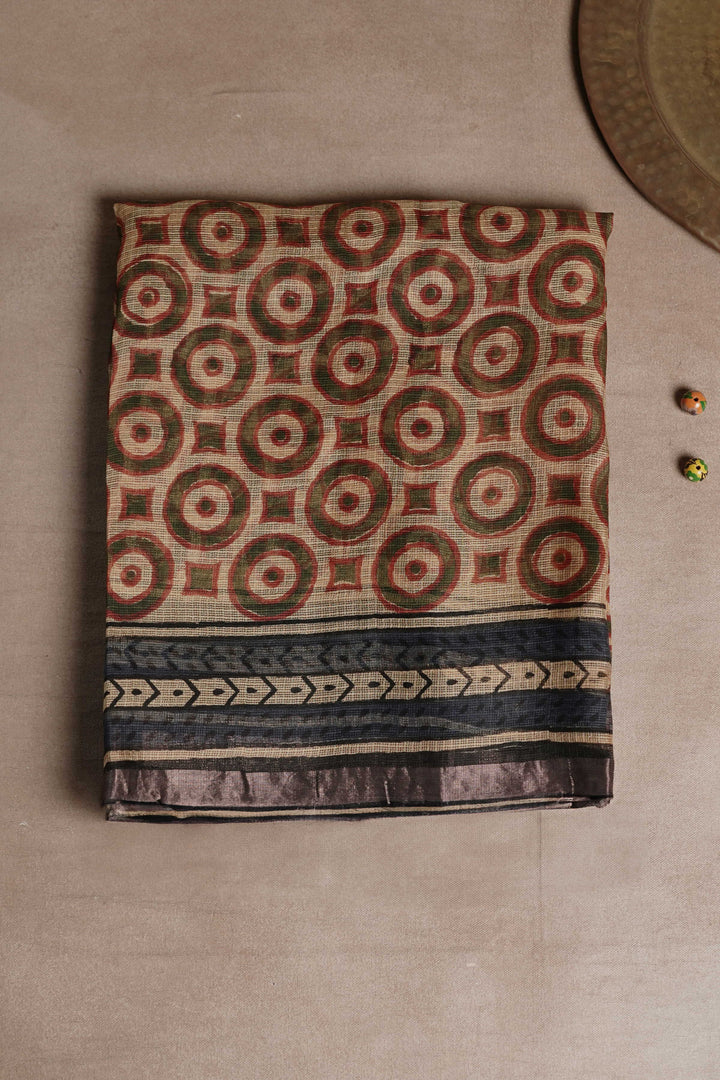 Light Beige Block Printed Kota Silk Saree