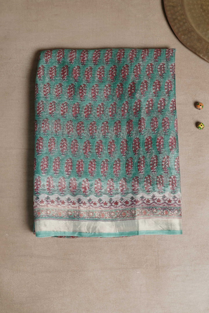 Maroon Motifs on Green Block Printed Kota Silk saree