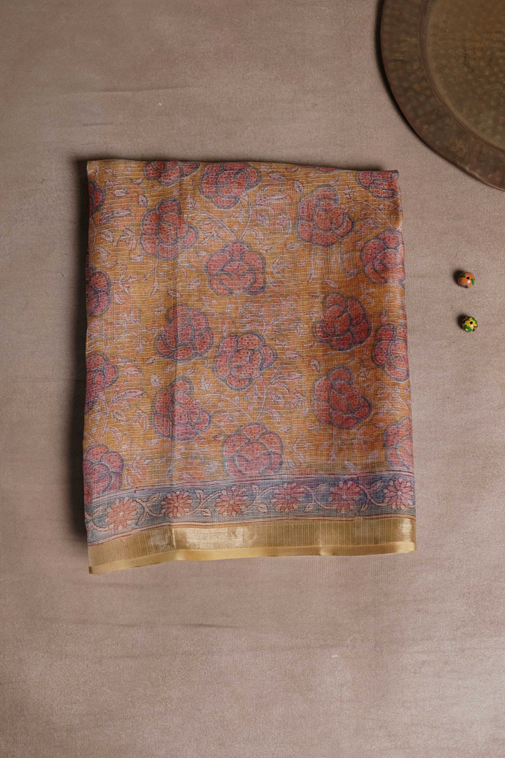 Yellow Block Printed Kota Silk saree