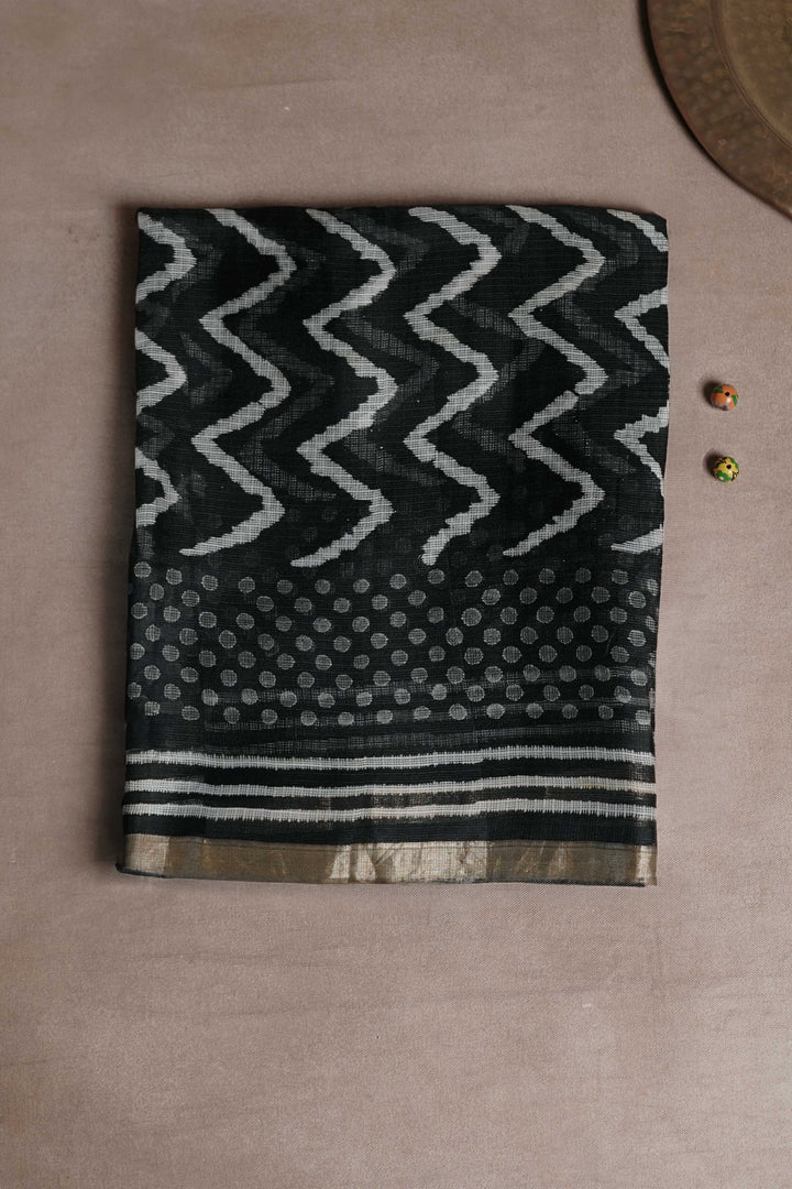 Chevron on Black Block Printed Kota Silk saree