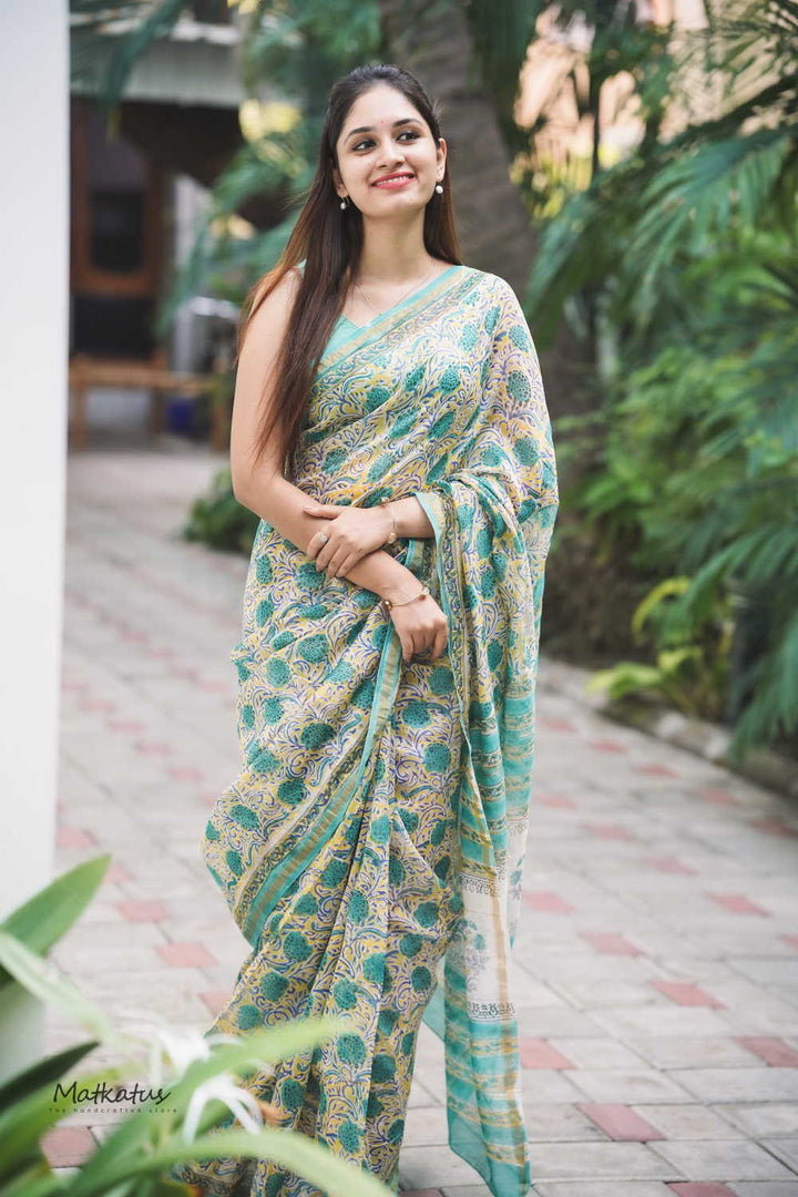 Green Floral on Yellow Chanderi Silk Cotton saree