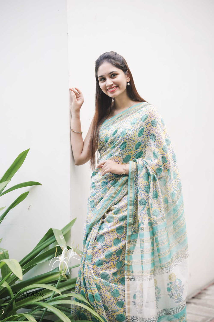 Green Floral on Yellow Chanderi Silk Cotton saree