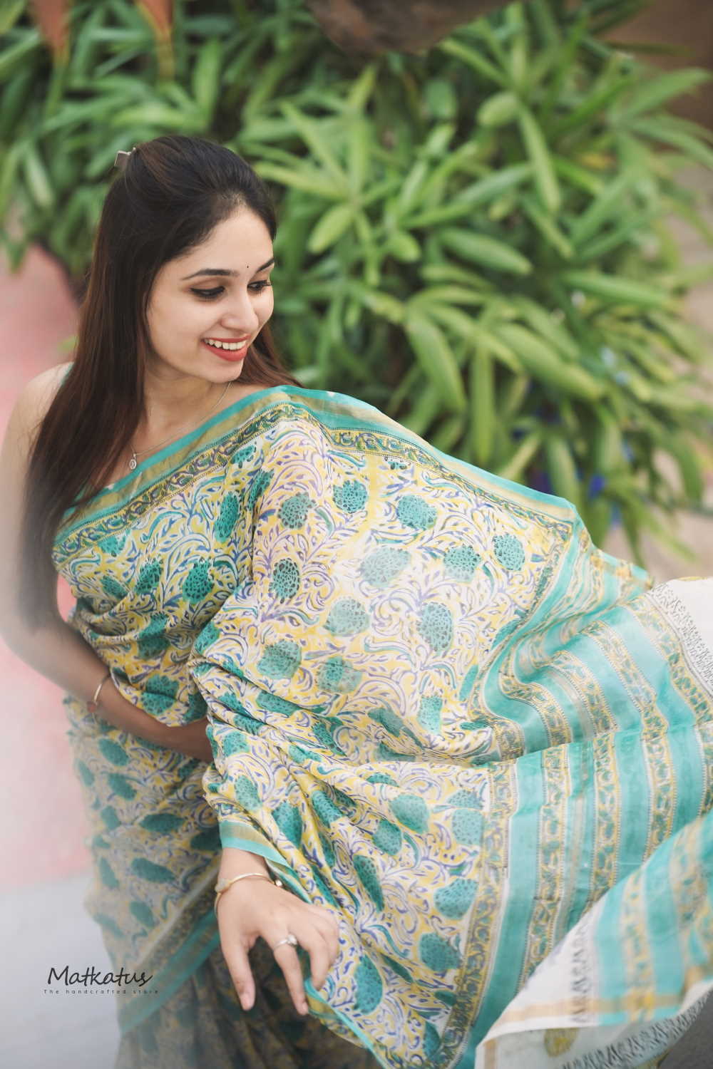 Green Floral on Yellow Chanderi Silk Cotton saree