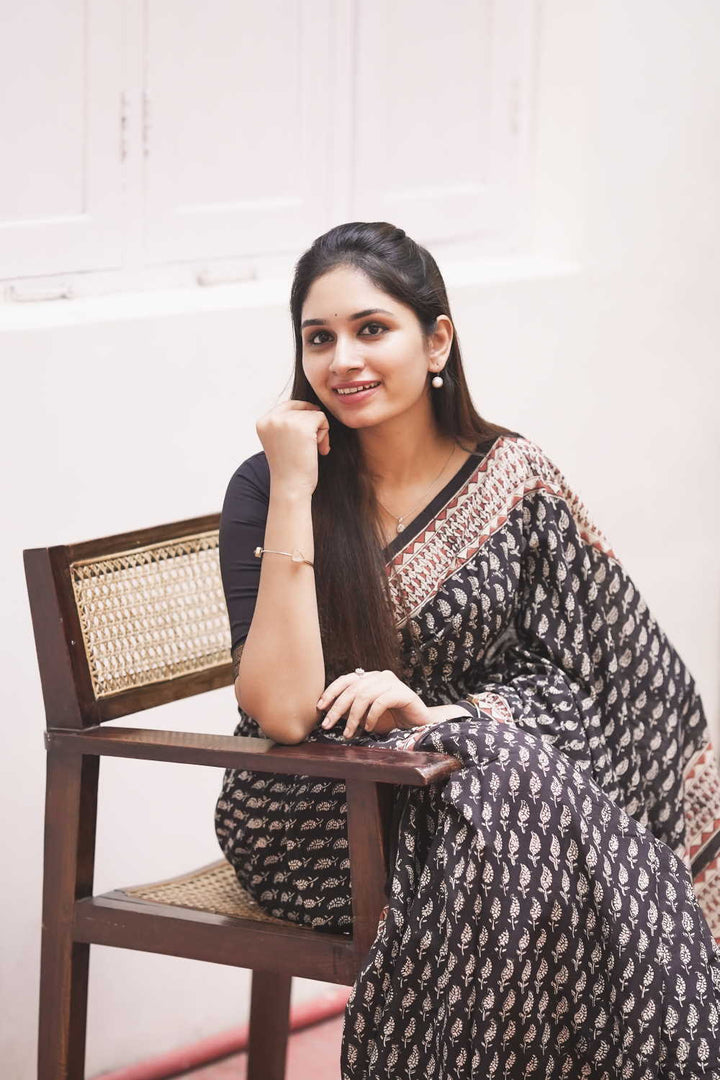 Leaf Butta on Black Block Printed Mul Cotton saree