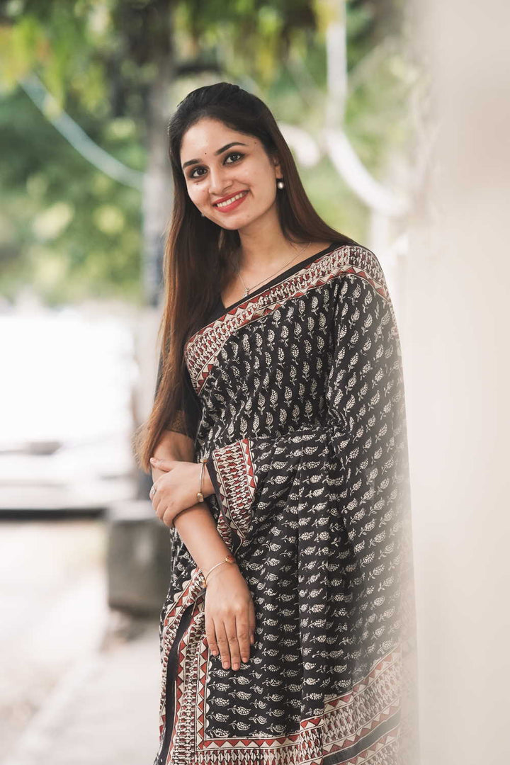 Leaf Butta on Black Block Printed Mul Cotton saree