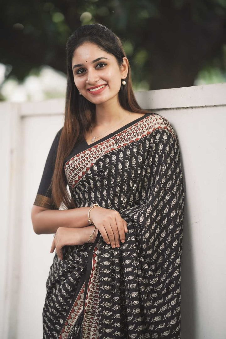 Leaf Butta on Black Block Printed Mul Cotton saree