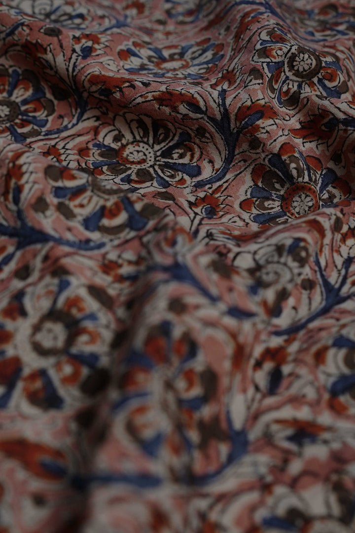 Peach Floral Printed kalamkari Cotton Fabric