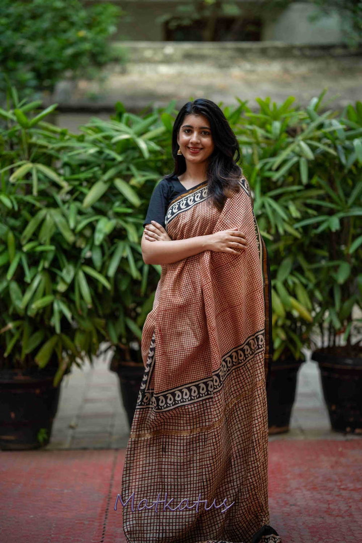 Maroon Checkered Block Printed Chanderi saree