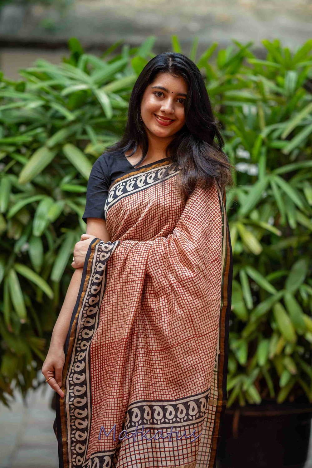 Maroon Checkered Block Printed Chanderi saree