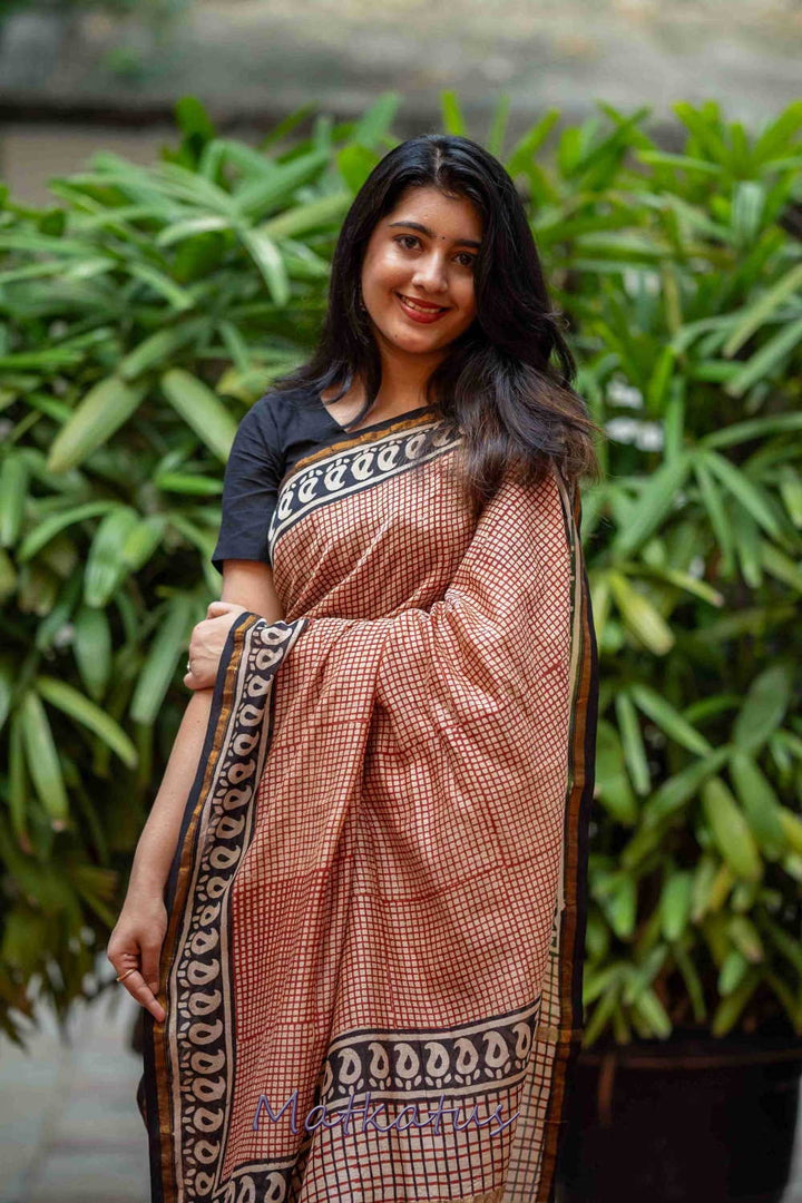 Maroon Checkered Block Printed Chanderi saree