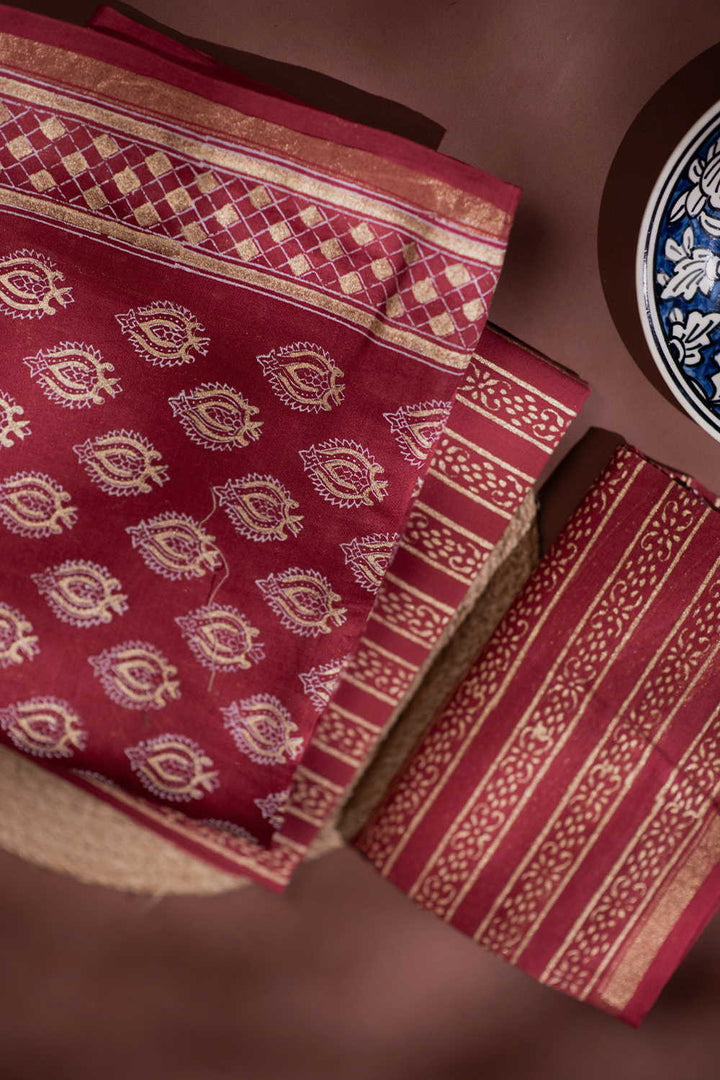 Moifs on Maroon Chanderi Silk Cotton Suit